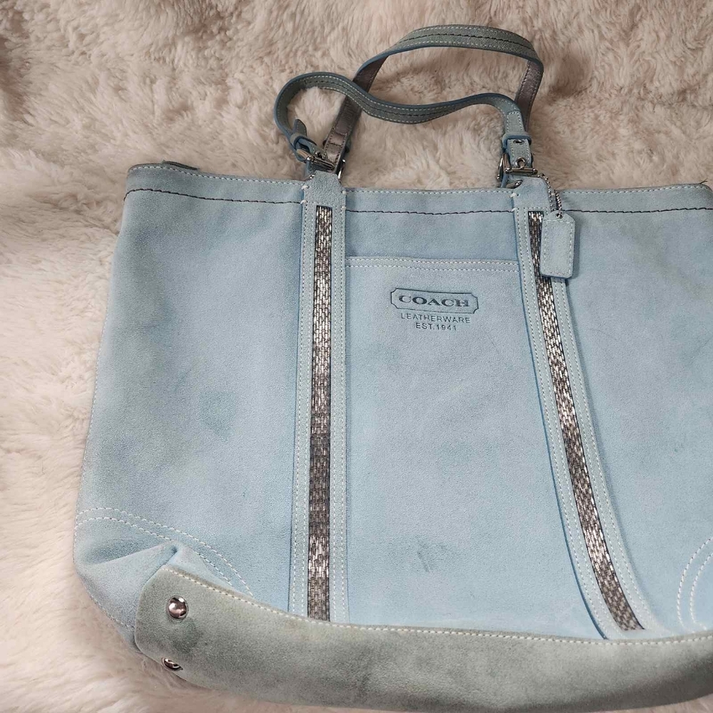 2005 Coach Aqua Blue Suede Beaded Gallery Tote Style 8B32 Y2K Vintage - Picture 11 of 16